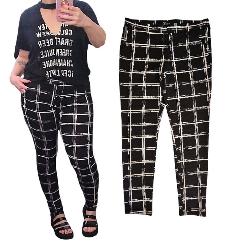 Y2K Joyous LA Black White Plaid Pull‎ On High Waist Ankle Grunge Pants Large